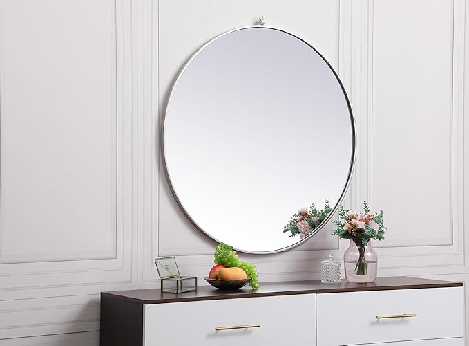 Focus 39x39 Round Wall Mirror, for Bathroom Bedroom Entryway, Silver