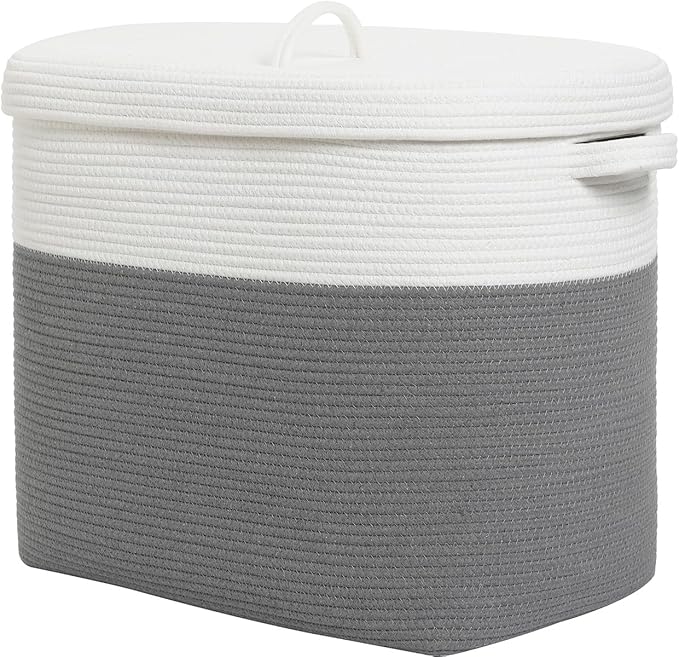 22”x14”x18” Rectangular Extra Large Storage Basket with Lid, Cotton Rope Storage Baskets, Laundry Hamper, Cloth Bin, for Clothes Blankets Storage in Living Room, Grey Basket with Lid