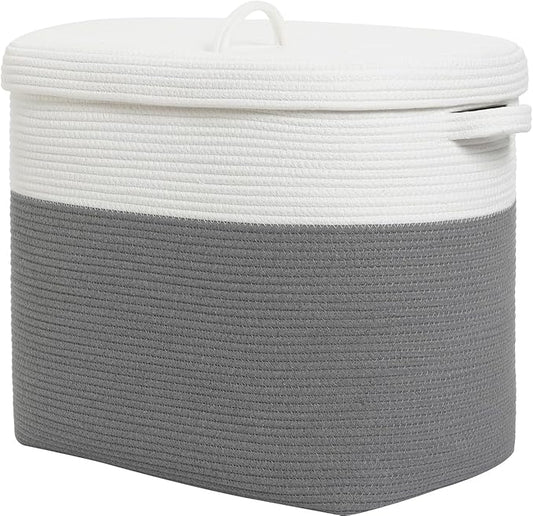 22”x14”x18” Rectangular Extra Large Storage Basket with Lid, Cotton Rope Storage Baskets, Laundry Hamper, Cloth Bin, for Clothes Blankets Storage in Living Room, Grey Basket with Lid