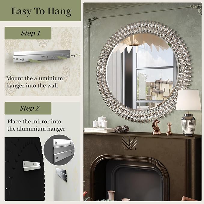 Kelly Miller 36" Large Round Jeweled Wall Mirror, Luxury Diamond Beveled Decorative Mirror for Bedroom Living Room Bathroom Hallway Entryway Fireplace