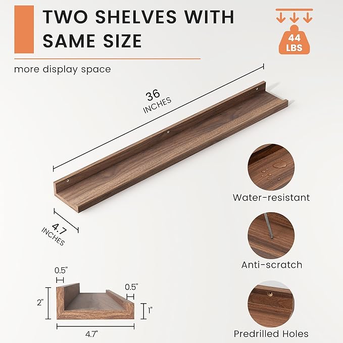 FLYJOE Picture Ledge Shelf, Floating Shelves Set of 2, 36 Inches Nursery Book Shelves for Toys Storage, Kids Bookshelf Wall Mounted for Living Room Bedroom Decor Books Photo Frames, Walnut