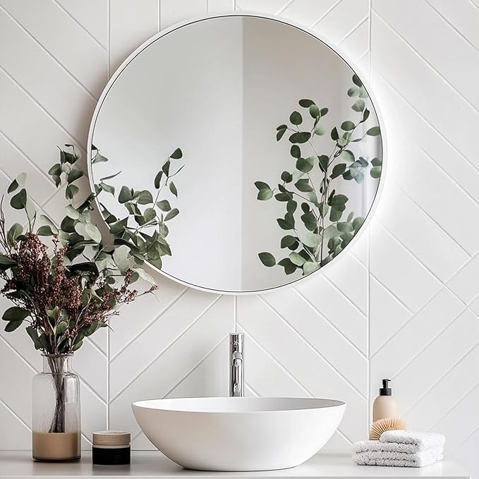 Oruii White Round Mirror, White Round Mirror 24 inch, Circle Bathroom Mirrors Metal Frame, Circle Mirrors for Wall, Bathroom, Over Sink, Living Room, Entryway, Vanity