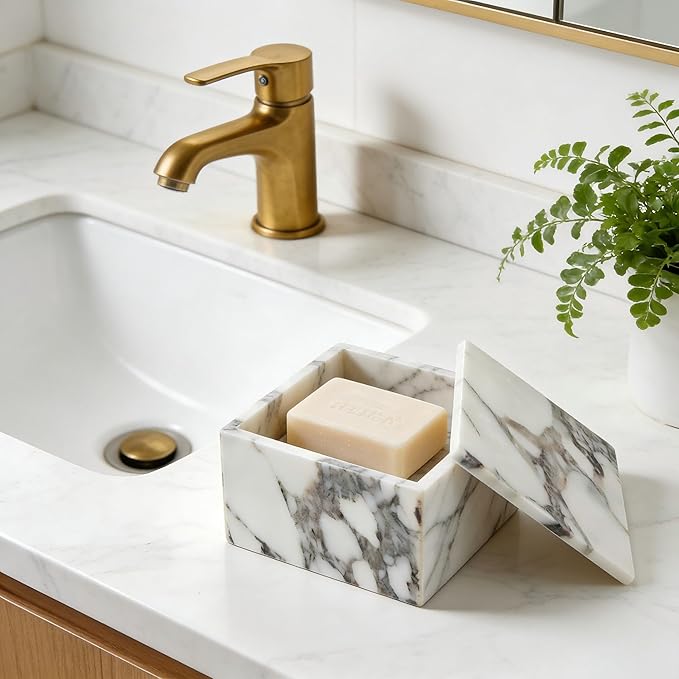 Luxury Marble Storage Box with Lid, White and Purple Veined Pattern, Decorative Organizer for Makeup Brushes, Jewelry, Bathroom Accessories (Square)