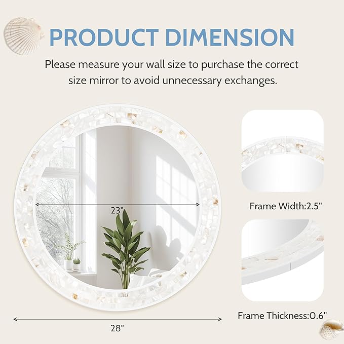 Tanmicoshomy Round Bathroom Mirror 28 Inch,Circle Mosaic Wall Mirrors with Natural Shell Frame, Decorative Coastal Mirrors for Bathroom Bedroom Living Room or Entrayway