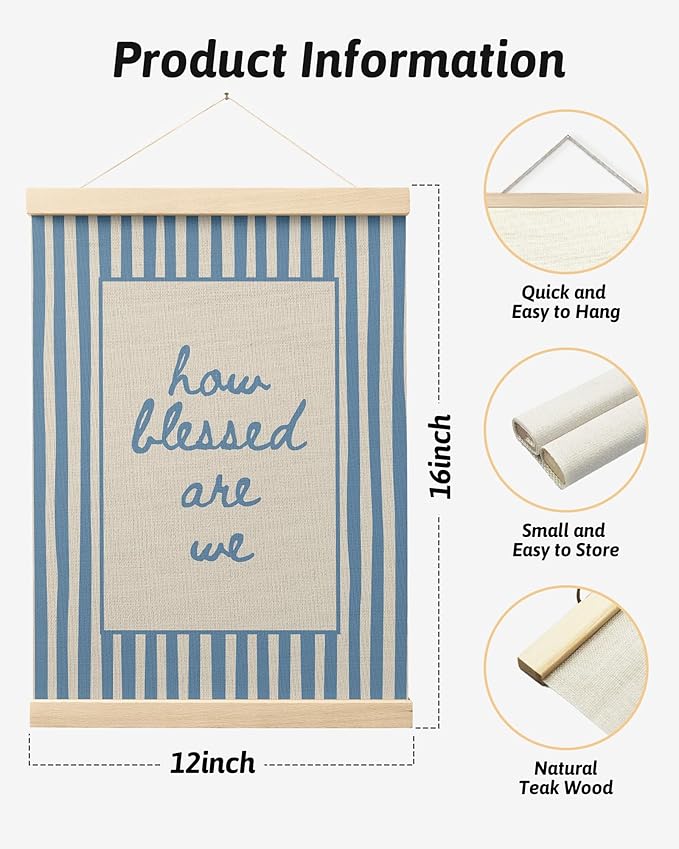 FGFK Trendy Blue Christian How Blessed Are We Wall Art Poster Hanger Frame, Retro Blue Striped Religious Bible Verse Canvas Prints Framed Wall Decor for Home Girls Room Bedroom, 12x16 Inch