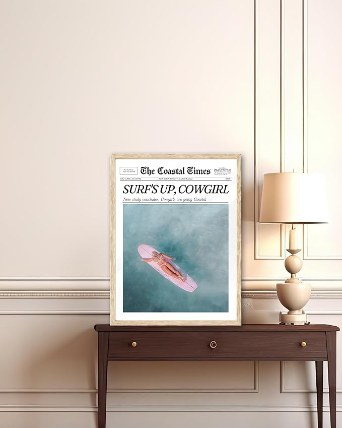 iHery Small Framed Coastal Trendy Cowgirl Wall Art Decor, Natural OAK Wood 8x10in Canvas Newspaper Retro Bedroom Wall Art,Surfer Up Vintage Bar Cart Home Decor For Dorm Living Room 1Pack