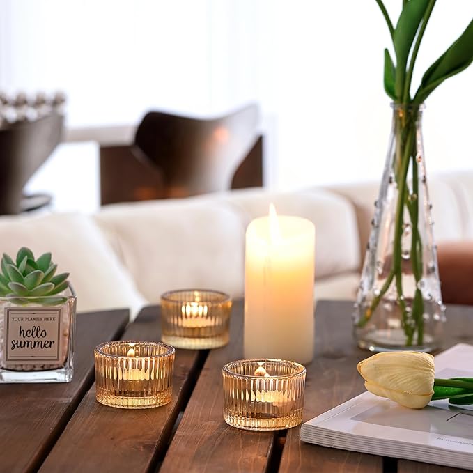 HAVITI 24 Pack Tealight Gold Candle Holders, Votive Tea Light Candle Holder Glass for Gold Centerpieces Fall Wedding Table Decor, Party Supplies, Home Decor