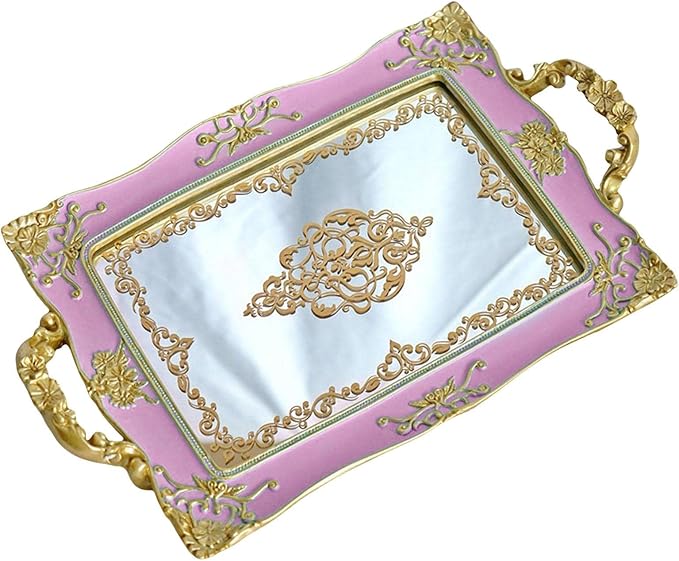 French Style Decorative Mirror Tray, Dresser Counter Coffee Table Jewelry Perfume Organizer for Makeup Jewelry (Purple)