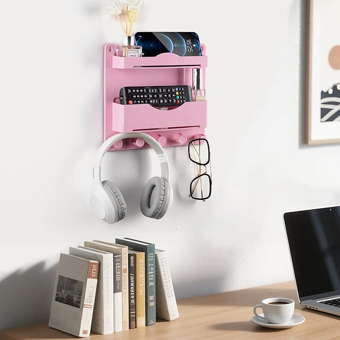 JUMEIHUI Pink Bedside Shelf Organizer - Wall Mount Phone Holder with Glasses Hook & 50 Motivational Stickers for Girls Bedroom Dorm Decor