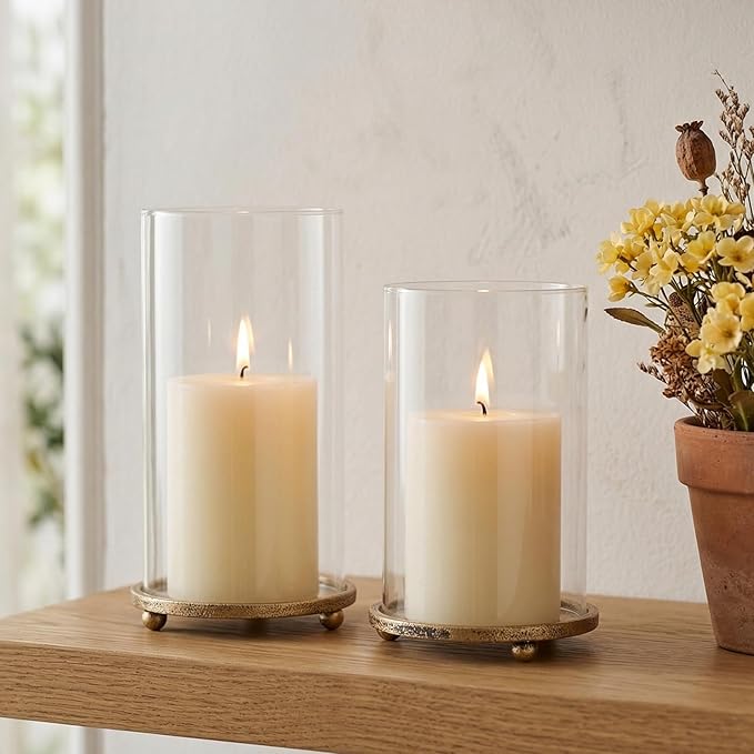 Hurricane Candle Holders Set of 2 - Pillar Candle Stands with Glass Sleeves for Fireplace Mantel & Dining Table Centerpiece Decor (Gold)