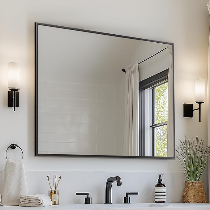 Antok 40x30 Black Metal Framed Bathroom Mirror, Wall Mirror with Rect Corners, Vanity Mirror for Over Sink, Anti-Rust Tempered Glass, Horizontal/Vertical Hanging for Bathroom, Living Room, Entryway