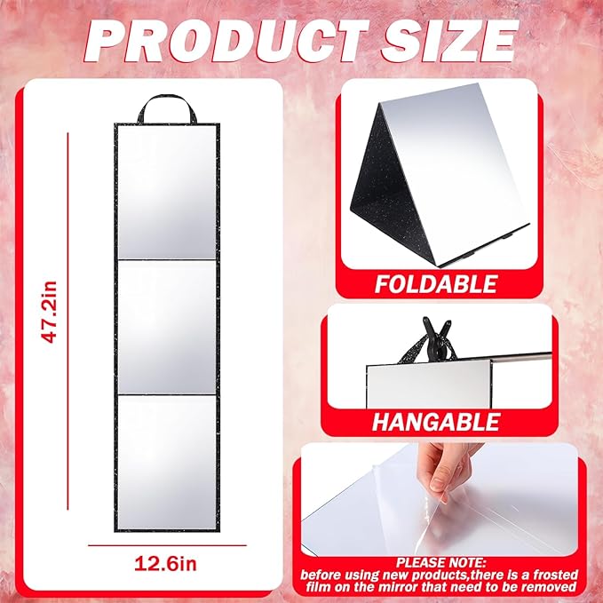 Foldable Full Length Mirror, 2-in-1 Wall Mounted or Tabletop Mirror, Portable Travel Mirror with Handle for Dance Home Bedroom Wardrobe Stage Makeup Checks Camping Outdoor Use (47" x 12.5", Tri-Fold)