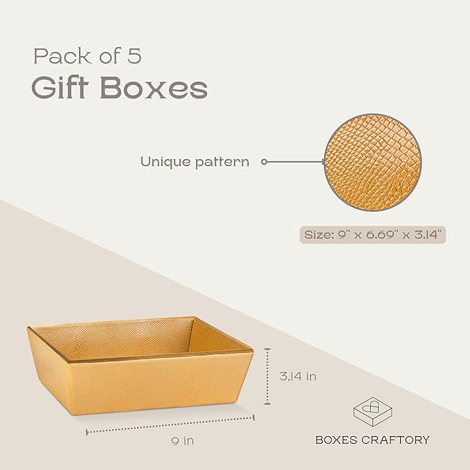 Pack of 5 Baskets for Gifts Empty Made in Italy - Ideal for Baby Shower, Wedding and for Any Occasion - 9" x 6.69" x 3.14" Gold - by Boxes Craftory