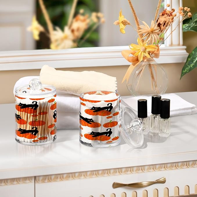 Nander 2Pack Halloween Pumpkin and Black Cat Qtip Holder Dispenser -Clear Plastic Apothecary Jars Set - Restroom Bathroom Makeup Organizers Containers for Cotton Swab, Ball, Pads, Floss