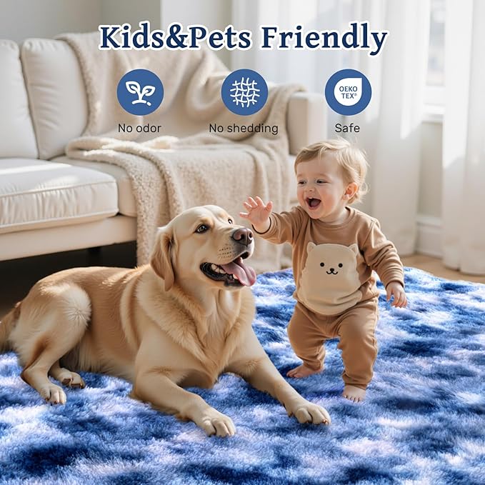 9x12 ft Fuzzy Rug for Living Room Soft Fluffy Blue White Bedroom Area Rugs Non-Slip Shaggy Carpet for Nursery Kids PlayRoom Dorm Office Indoor Modern Plush Carpets