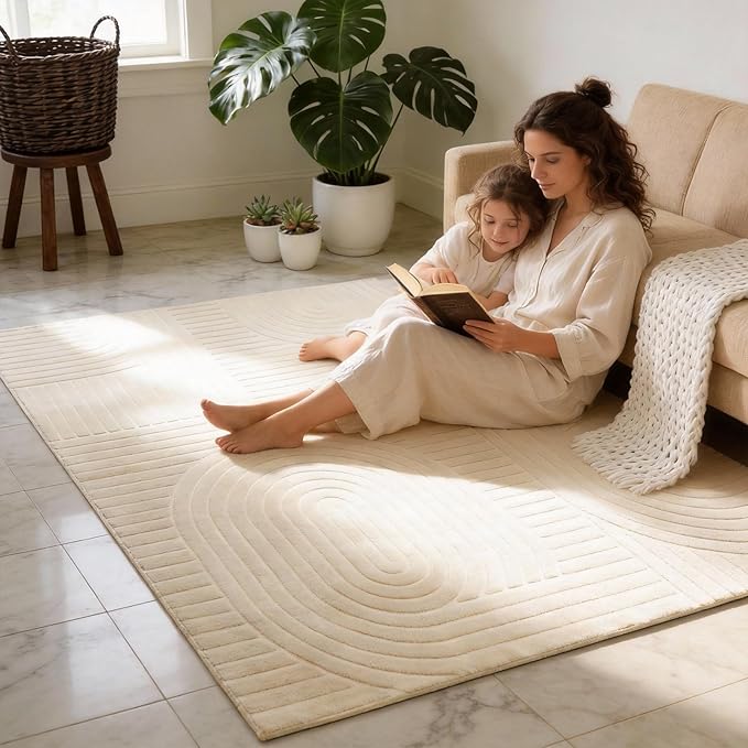 5x7 Solid Color Area Rugs – Washable Living Room Rug, Durable Non-Slip Indoor Carpet with Soft High-Low Pile, Fluffy Floor Rugs for Bedroom, Bedside, Kids Room, Dorm, Nursery, Home Décor, Beige
