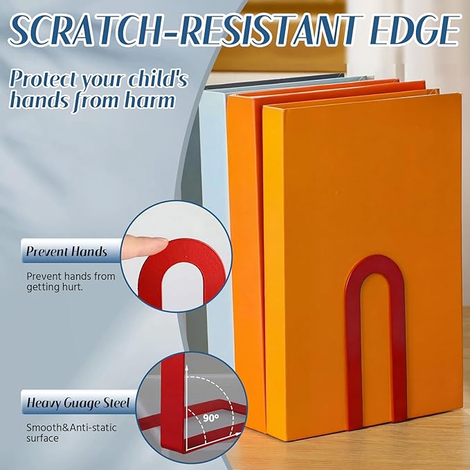 Chunful 2 Pcs Modern Metal Book Ends for Shelves Decorative Small Bookends Book Shelf Organizer Minimalist Design Stopper to Hold Books for Home Office (Red,5.5 * 3.75 * 2.25inch)