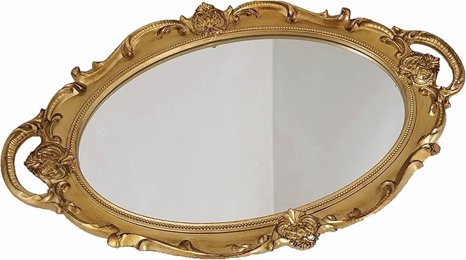 Schones Geschaft Decorative Mirror Tray, Makeup Jewelry Perfume Organizer，Vintage Oval Display and Serving Tray for Bedroom Living-Room Dresser Decor (14.6”x 9.8”) (Golden - Oval)