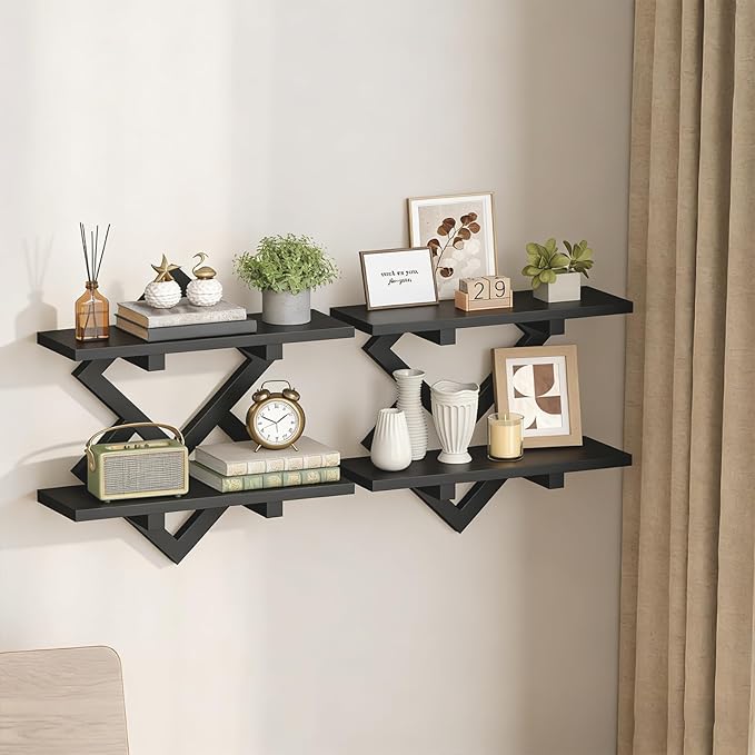 HOOBRO 15" Floating Shelves for Wall, Set of 2 Wall Shelf, 2-Tier Hanging Shelves, Wall Mounted Storage Shelf, Display Rack, for Living Room Bedroom Kitchen Bathroom, Black BB14BJP201