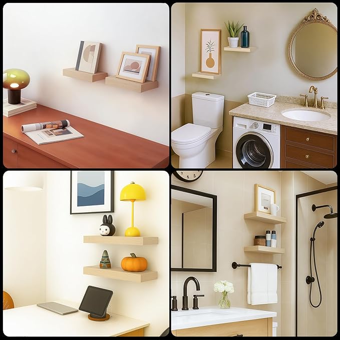 Floating Shelves for Wall, Bathroom Shelves Over Toilet, Wall Shelves & Book Shelf for Room, Hanging Shelf, Modern Wooden Wall-Mounted Small Floating Shelves, 12x7x1.5 in (Oak, Set of 2)