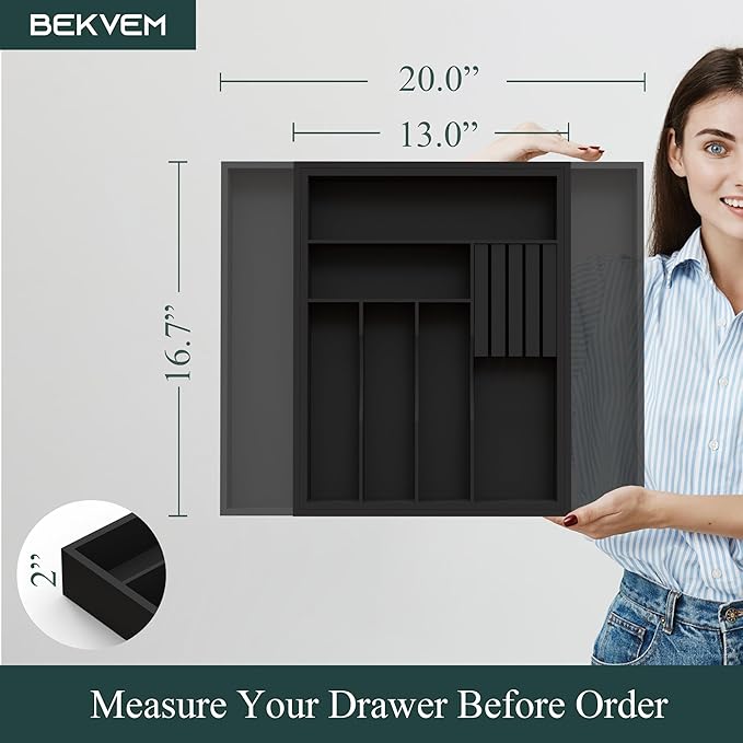 Bamboo Silverware Organizer, Expandable Kitchen Drawer Organizer, Utensil Holder and Cutlery Tray with Grooved Drawer Dividers, Spoon Flatware Storage with Removable Knife Block (Black)