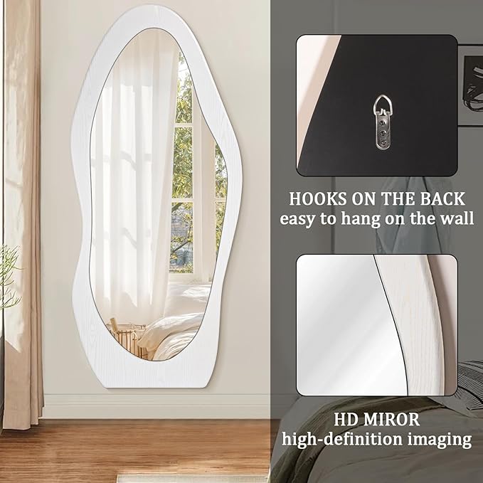 Wavy Mirror Wooden 59" x 24" Floor Mirror Full Length White Irregular Full Body Mirrors for Bedroom Cloakroom Living Room Entryway Hall