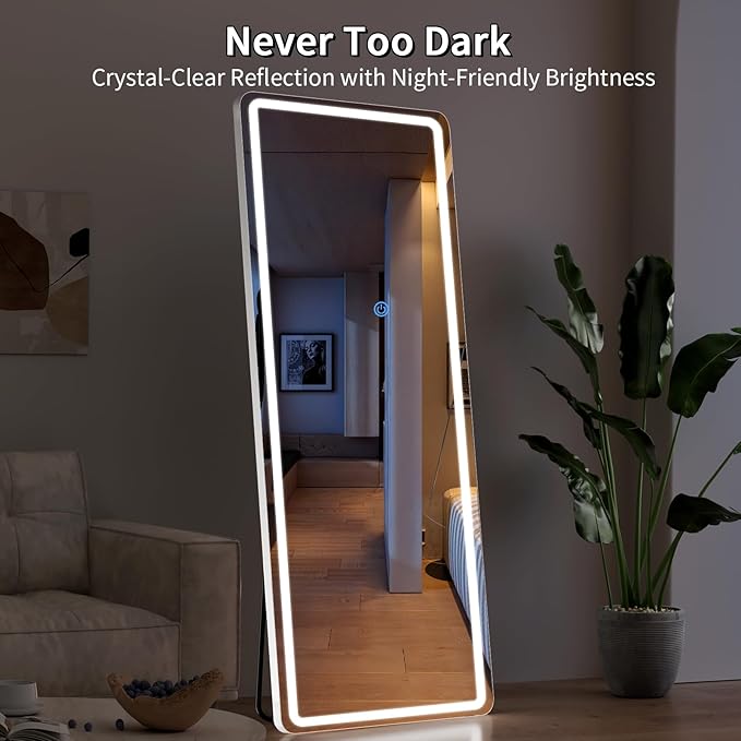 Koonmi Full Length Mirror with LED Lights, 71"x26" Lighted Mirror with Dimming & 3 Color Lighting, Big Mirror for Bedroom, Dressing Room, Rectangle,White