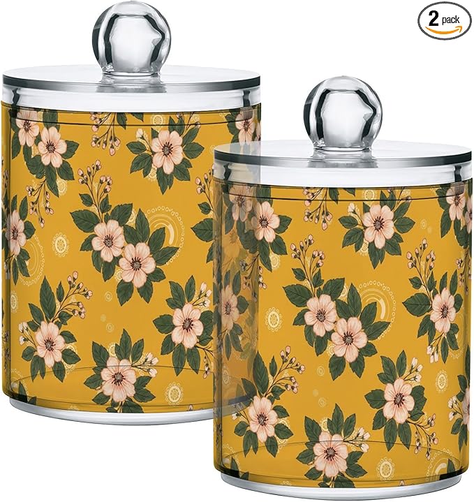 Floral Flowers Leaves Yellow Pattern Bathroom Containers Holder with Lids Set Clear Jars 2 Pack Plastic Makeup Storage Organizer 4.13 x 2.75In for Cotton Swabs Hair Clips Pads