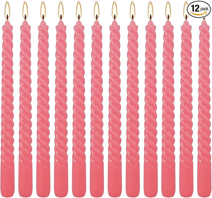 WPONSZU 10 Inch Pink Spiral Taper Candle Set of 12 Pack Unscented Dripless Candlesticks for Valentine's Day,Dinner,Party,Brithday,Wedding,Christmas,and Home Decoration