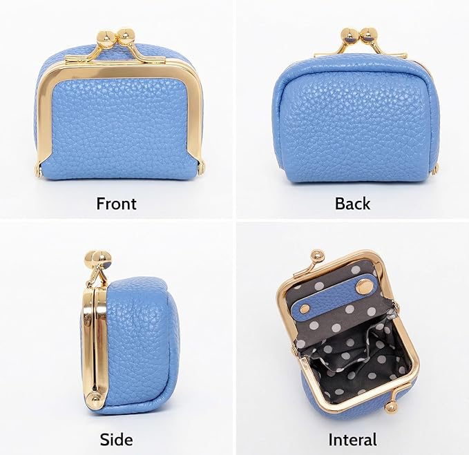Genuine Leather Mini Jewelry Box Portable Vintage-Inspired Leather Small Coin Purse Jewelry Organizer Case Mini Travel Ring Box with Kiss Lock for Women Earring Ring Necklace