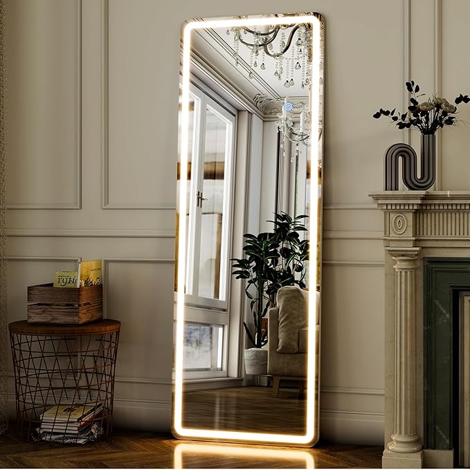 GLSLAND LED Full Length Mirror - 56" x 20" Floor Standing Mirror with Light for Bedroom/Cloakroom -Dimmable & 3 Color Lighting/Wall Mounted Full Body Mirrors