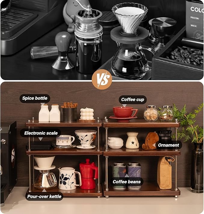 Solid Wood Coffee Station Organizer & Spice Rack for Kitchen Countertop, Corner 3 Tier Industrial Heavy-duty Adjustable Shelf with 304 Thread Rod for Coffee Bar Accessories, Walnut Finish