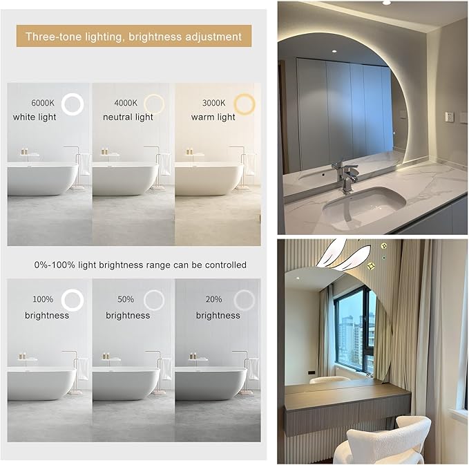 Bathroom Mirror, 3 Colors Dimmable Lighting, Anti-Fog Wall Mirror,Makeup Vanity Mirror with Touch Switch for Bathroom,Bedrooms,Living Rooms and More (Size : 39.3"x39.3"/100x100cm) (One Color 4