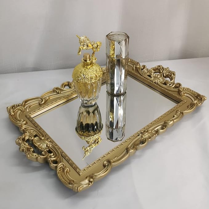 Shell Rectangle Decorative Mirror Tray, French Style, Makeup Organizer, Jewelry Organizer, Serving Tray, 9.3"x 14.9", Gold
