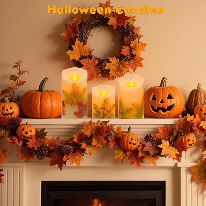 Flameless Candles Lights,Set of 3 Maple Leaf Flickering LED Candles with Remote & Timer, Dimmable LED Pillar Candles Battery Operated, Electric Candles for Thanksgiving Halloween Fall Harvest Decor