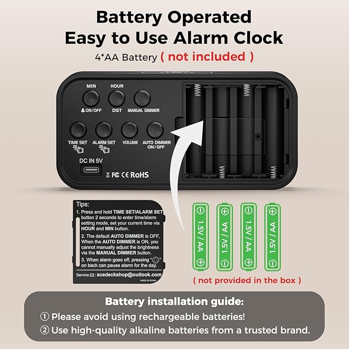 Acedeck Battery Operated Digital Clock: Cordless Small Alarm Clock for Bedroom Travel - Large Numbers 4 Dimmers for All Ages Blue Digits