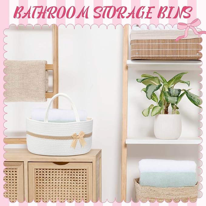 Yinkin 1 Pcs Extra Large Cotton Rope Storage Basket with Handles and Removable Divider Woven Gift Baskets with Bow for Closet Bedroom Nursery Toys Organizing, 14.17 x 8.66 x 7.09 Inch(White and Brown)