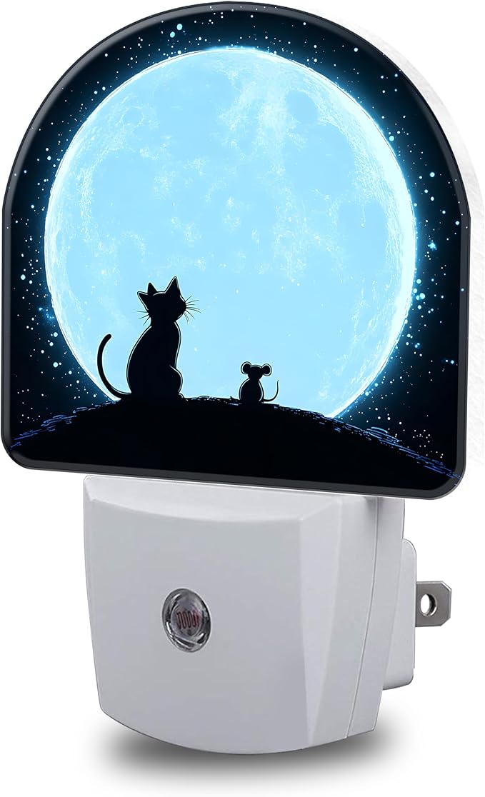 Night Light, Cat and Mouse Sit on Moon Night Lights Plug into Wall Dusk to Dawn Sensor Round Nightlight for Women Men Energy Efficient Led Lamp 0.5W for Stairway Hallway Bedroom