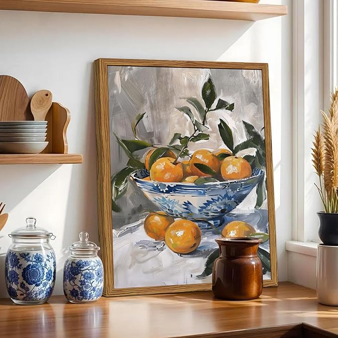 Framed Vintage Oranges Canvas Wall Art, Rustic Kitchen Pictures Wall Decor, Cottagecore Farmhouse Fruit Still Life Paintings Prints Antique Home Decor for Living Room Dining Room 16x24 inch