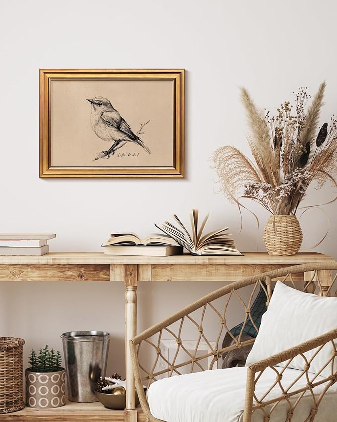 Bzstyleart Vintage Wall Art Decor for Living Room, Framed Vintage Bird Wall Art Canvas Prints Home Decor Aesthetic, Sketch Painting Picture for Bedroom Kitchen, New York State, 12L x 16W
