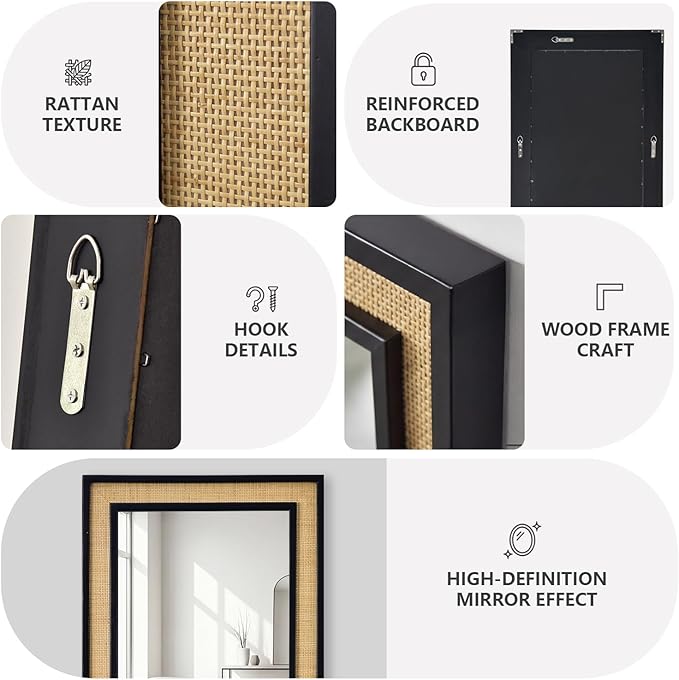 Rectangle Rattan Mirror, 20"x28" Rattan Wall Mirror, Farmhouse Wooden Vanity Mirror with Handmade Wicker Frame, Decorative Boho Mirror for Nursery Bedroom Living Room Entryway Black