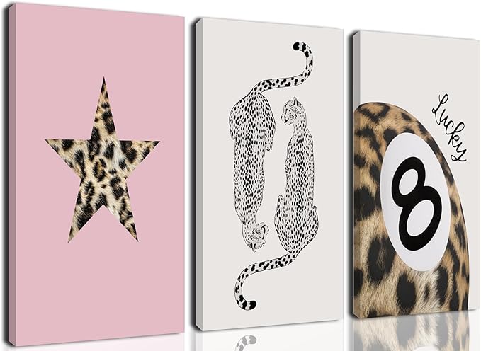 Hwetui Trendy Leopard Canvas Wall Art Set of 3 Funky Lucky 8 Ball Posters Prints Preppy Room Aesthetic Painting Cheetah Wall Decor Pictures for Girls Bedroom Apartment Dorm 16x24 Inch Framed
