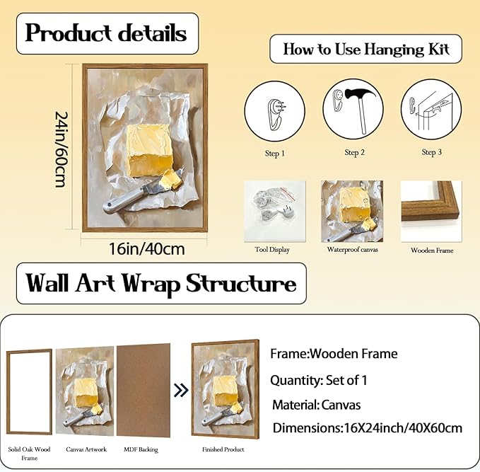 Framed Kitchen Wall Art, Vintage Butter Wall Decor Pictures, Rustic Farmhouse Food Paintings Canvas Prints for Dining Room Living Room Home Decoration 16x24 inch
