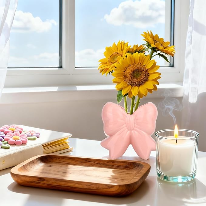 Pink Bow Ceramic Vase, Pink Ceramic Vase Pen Holder Makeup Brush Organizer for Home Office Decor