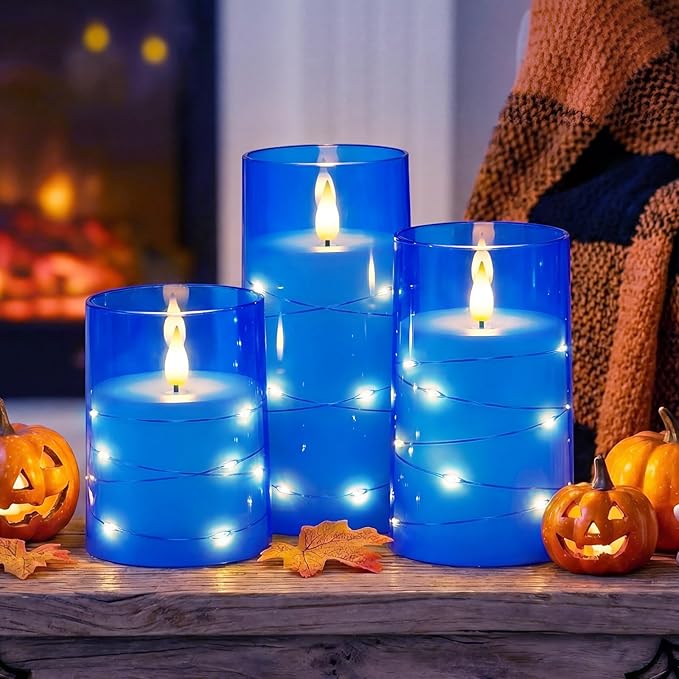 Homemory Flameless Candles with Embedded Star String Fairy Lights, Battery Operated Candles, LED Candle, Fake Candles with Remote Control and Timer, Blue, Set of 3(H 4" 5" 6”)