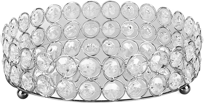 8 Inch Round Vanity Tray Mirrored Crystal Metal Display for Makeup Perfume Jewelry Organizer and Home Decor