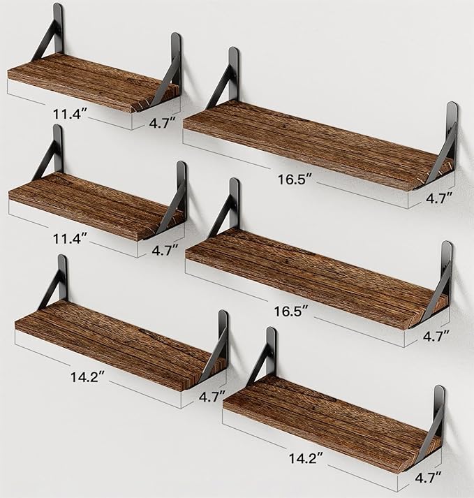 AMADA HOMEFURNISHING Wall Shelves Set of 6, Rustic Farmhouse Floating Shelves for Bedroom, Bathroom & Living Room, Brown