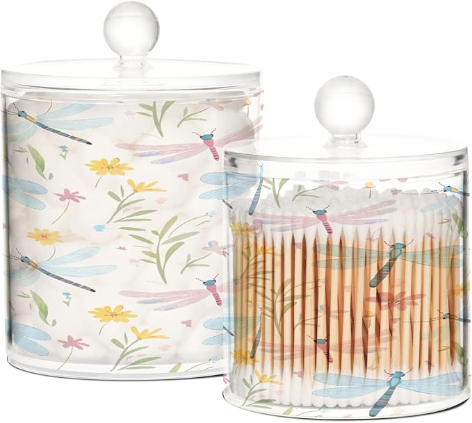 Watercolor Butterfly Flowers Soft Color Clear Plastic Makeup Organizer Storage with lid Dresser Essentials Decorative Dental floss storage jar for Cotton Swabs,Cotton Pads,Floss Picks,Paper