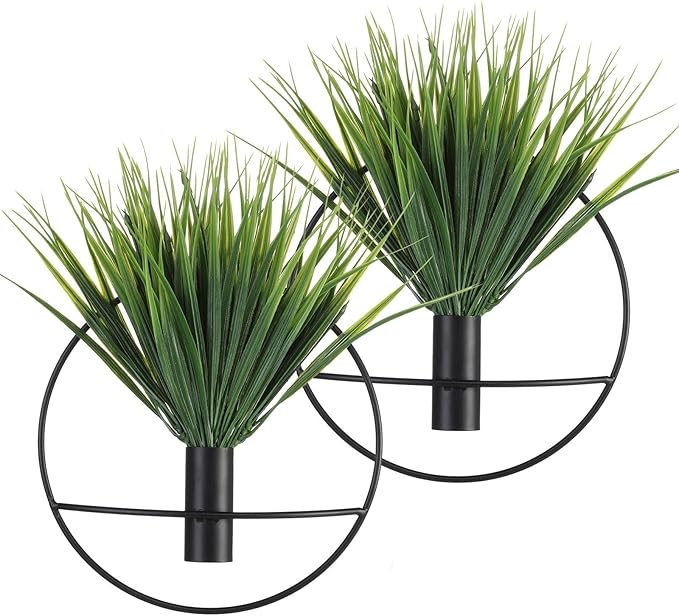 Pretty Jolly Wall Decor Metal Vase Decoration Holder, Mounted Artificial Flowers, Black Fake Wheat 2 Pack, Art Greenery, Farmhouse, Boho