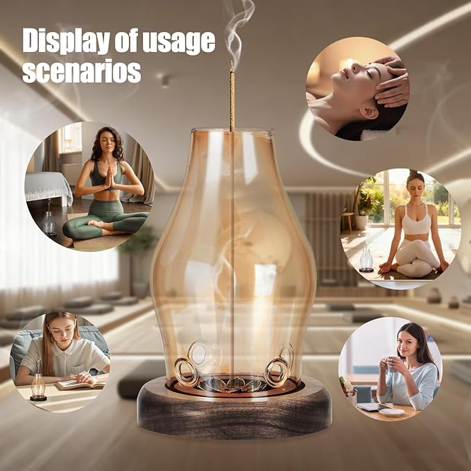 Glass Incense Holder for Sticks, Wooden Incense Stick Holder with Ash Catcher, Modern Insence-Stick Holder, Multi-Functional No Mess Incent Holder for Yoga Spa Meditation Home Zen Decor (Amber)